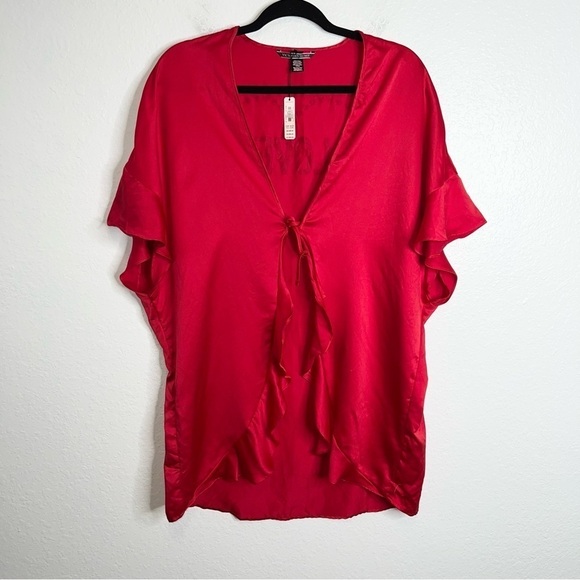 Victoria Secret Robe Cover Up Kimono Satin Red Love Ruffled Front Tie B13 - Picture 1 of 8